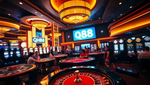 Exciting scene of players at QH88 casino, featuring poker chips and roulette wheels.