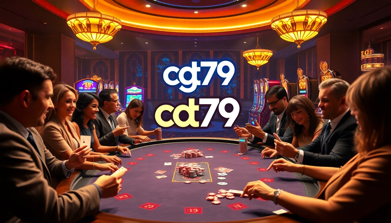 Người chơi đang tận hưởng một ván poker đầy kịch tính tại cg79 casino với ánh đèn sống động và bầu không khí sang trọng.