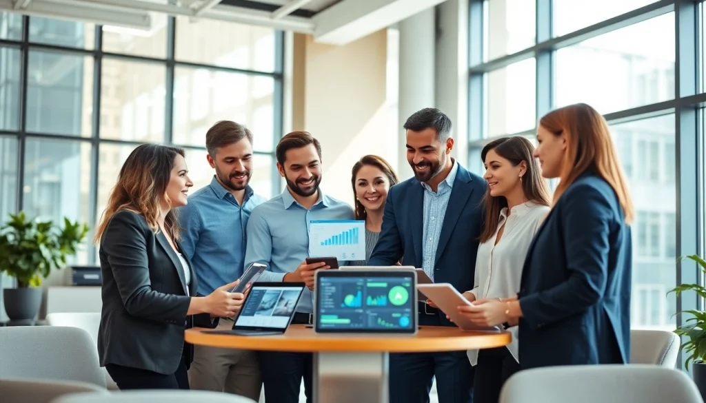 Engaging social media marketing brainstorming session with diverse professionals.