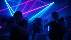 Players compete in a thrilling laser tag game in a neon-lit arena.