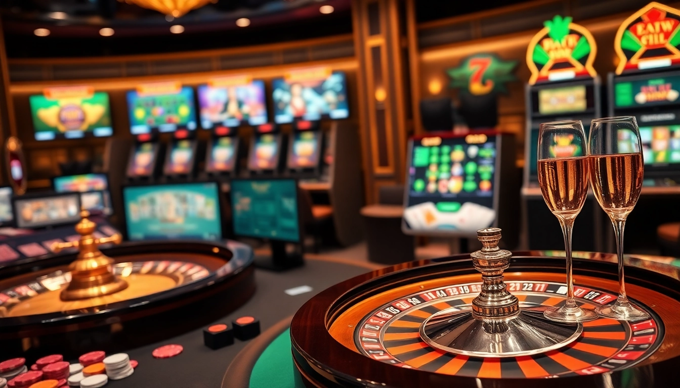 Une scène à enjeux élevés représentant un casino en ligne France fiable avec des jetons de poker, une roue de roulette active et des écrans de machines à sous, incarnant excitation et luxe.