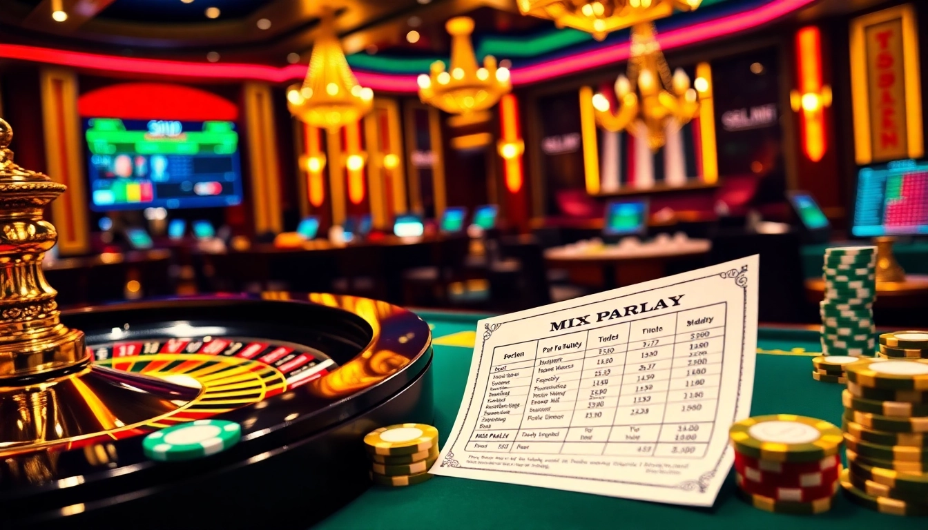 Experience the excitement of Mix Parlay betting in a luxurious casino setting with poker chips and a roulette wheel.