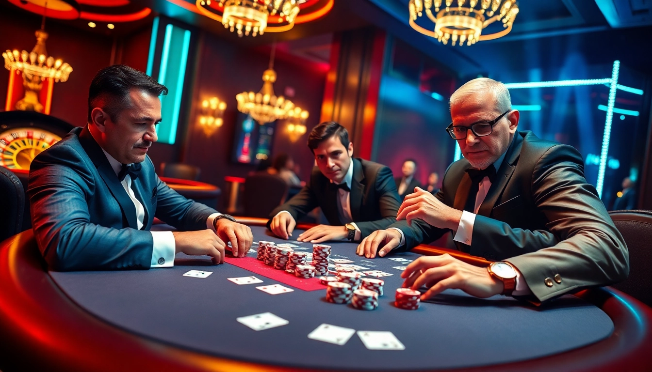 Une scène palpitante de jeu de poker mettant en avant 'casino en ligne france fiable' avec des joueurs en compétition et des éléments de casino vibrants.