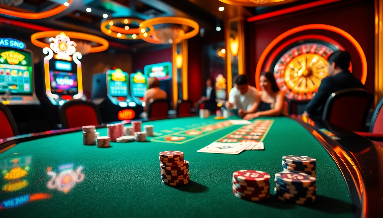 Scène de casino captivante mettant en avant le poker et la roulette, incarnant casino en ligne France fiable pour une expérience luxueuse.