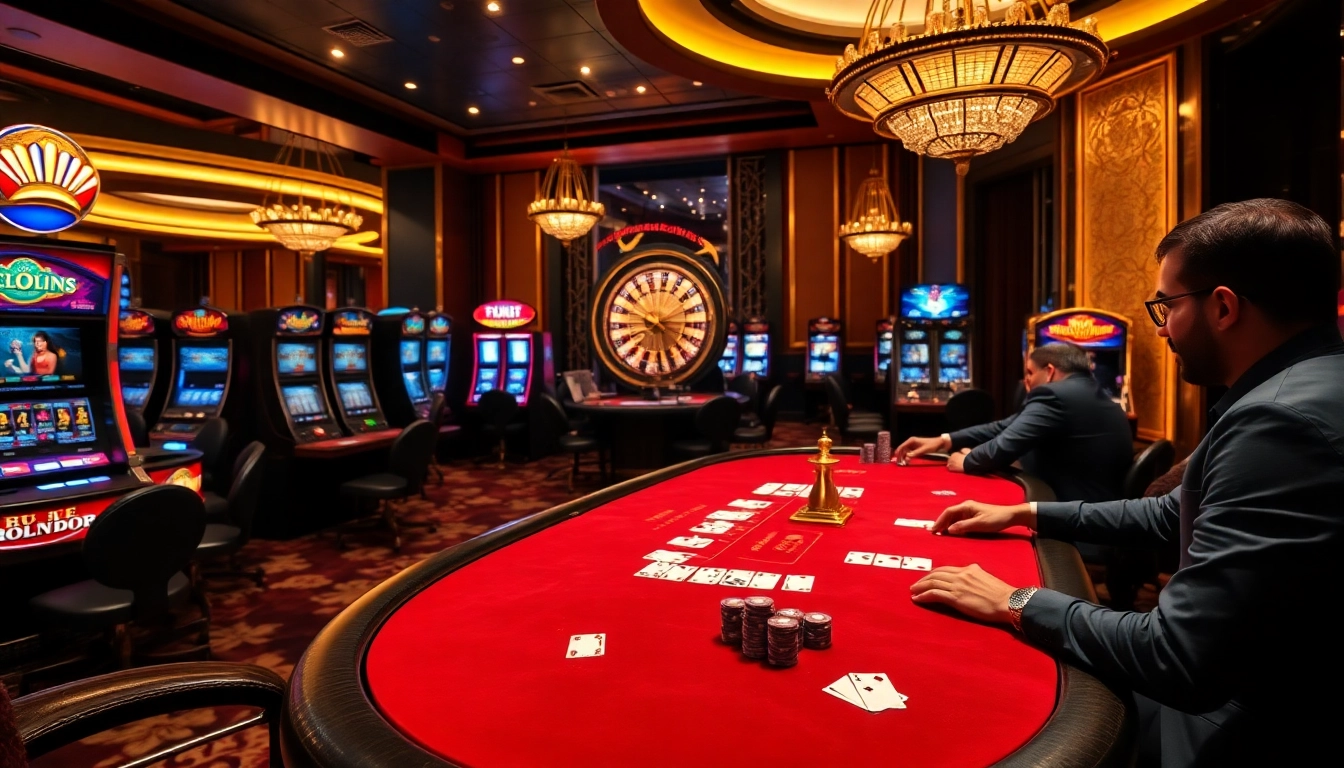 Joueurs engagés profitant d'un jeu dans un cadre de casino en ligne France fiable, avec des tables de poker et des machines à sous.