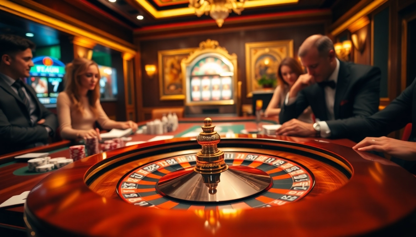Scène engageante de 'casino en ligne france fiable' avec une roue de roulette et des jetons de poker, capturant le frisson du jeu.