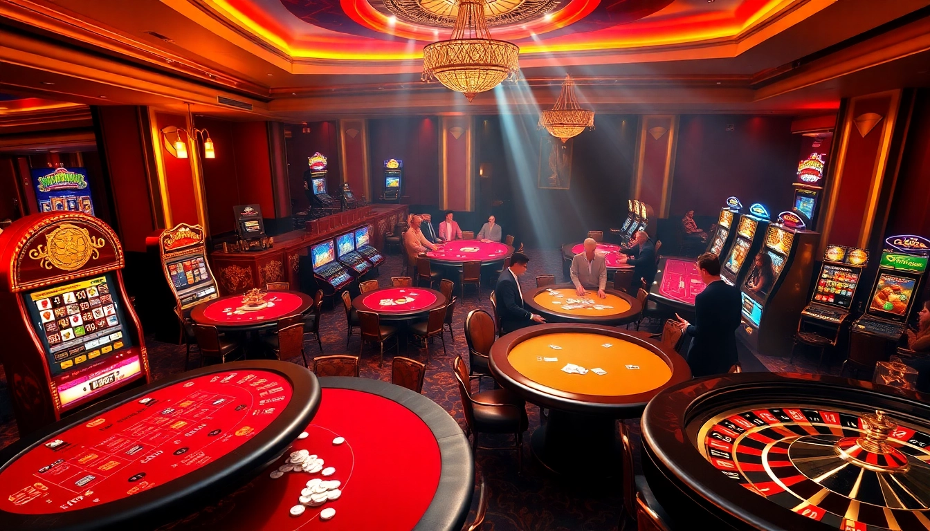 Une scène de casino dynamique mettant en avant des joueurs aux tables soulignant le casino en ligne France fiable avec des machines à sous vibrantes et des jeux de poker.