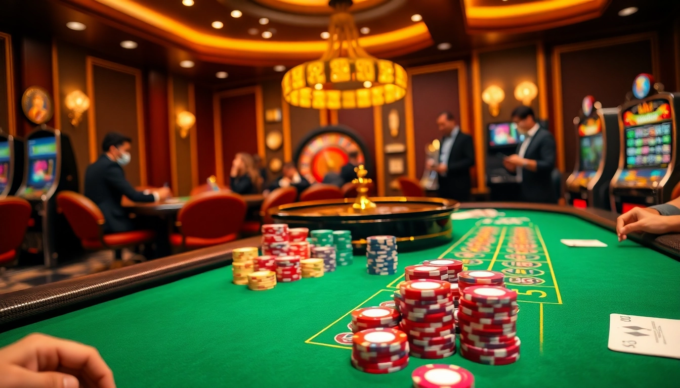 Une scène de casino vibrante mettant en avant un casino en ligne France fiable avec des jetons de poker, des machines à sous et des roulettes.