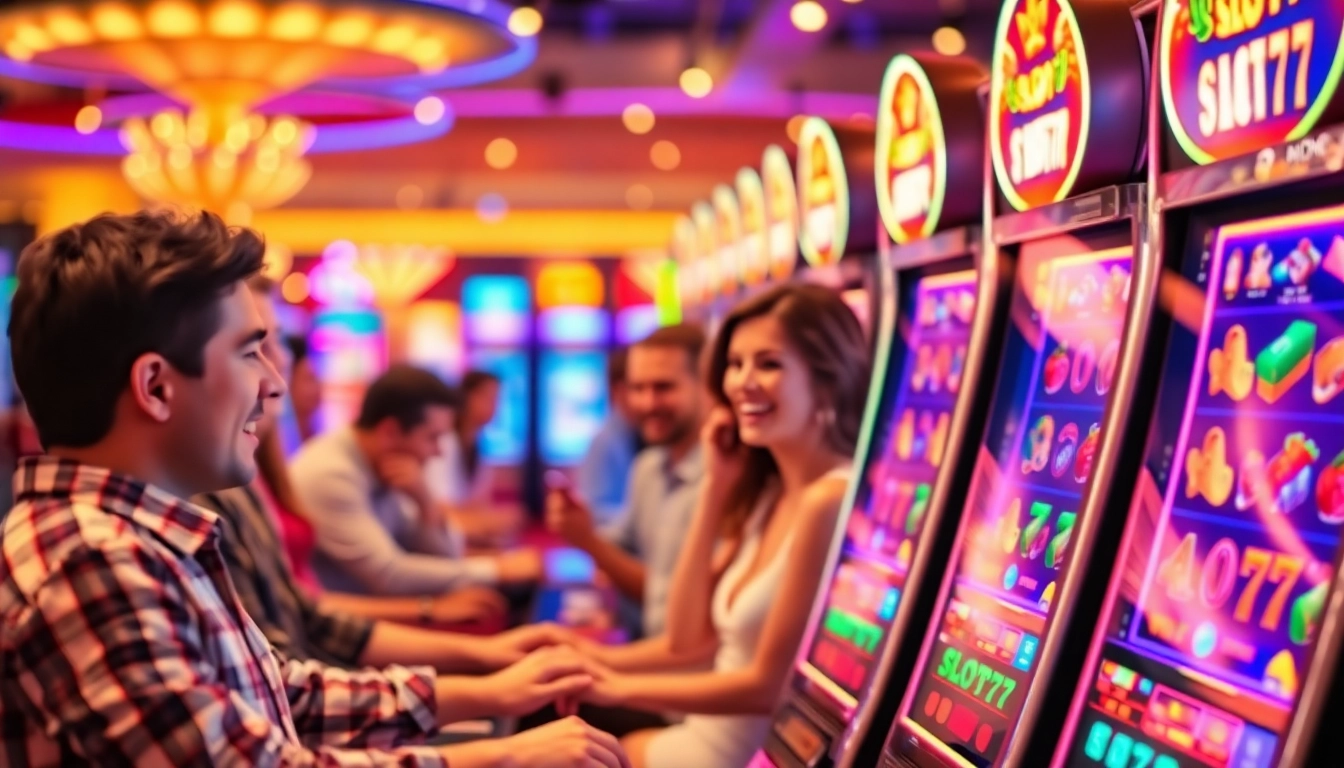 Menangkan permainan Slot77 di mesin slot kasino dengan pemain terlibat penuh semangat.