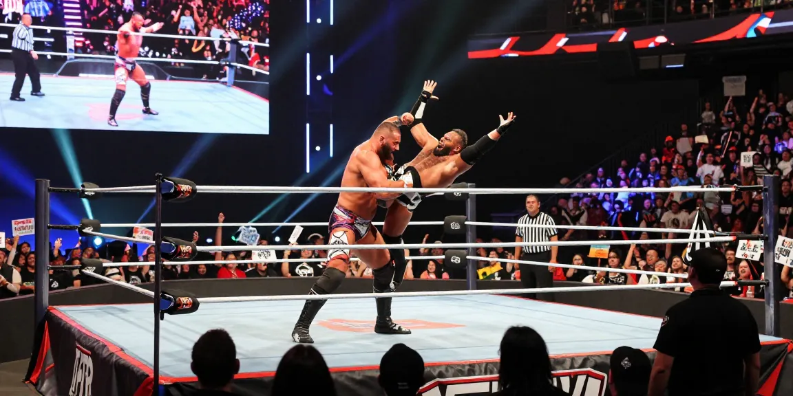 Abyss wrestler executing a powerful slam in a vibrant wrestling arena surrounded by cheering fans.