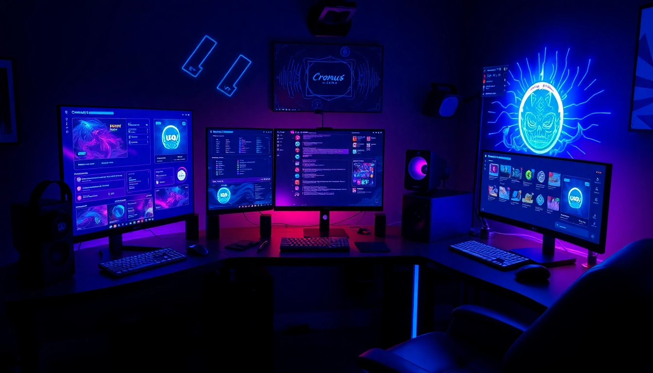 The vibrant scene of the Best Cronus zen discord server portrays gamers interacting with immersive technology settings, highlighting dynamic collaboration.