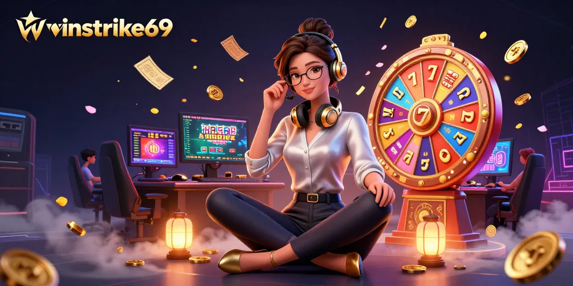 winstrike69 enhances slot gaming with vibrant, detailed 3D casino illustration depicting exciting gameplay elements