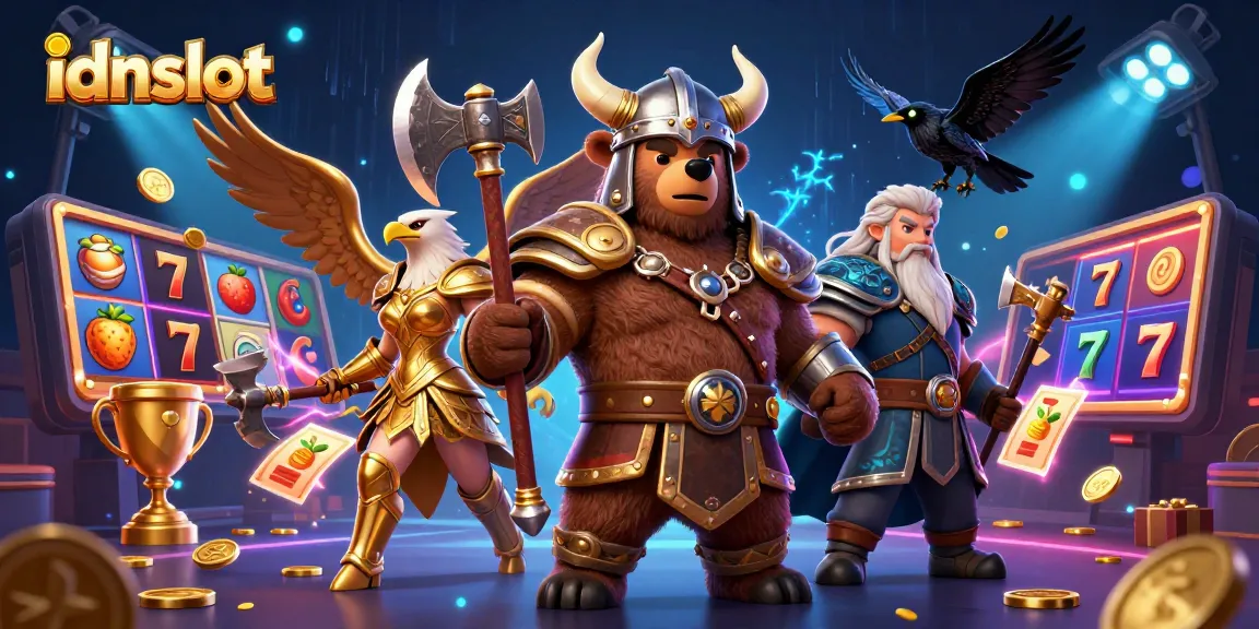 Experience thrilling idnslot action with a 3D Viking berserker, Valkyrie eagle, and dynamic slot elements!