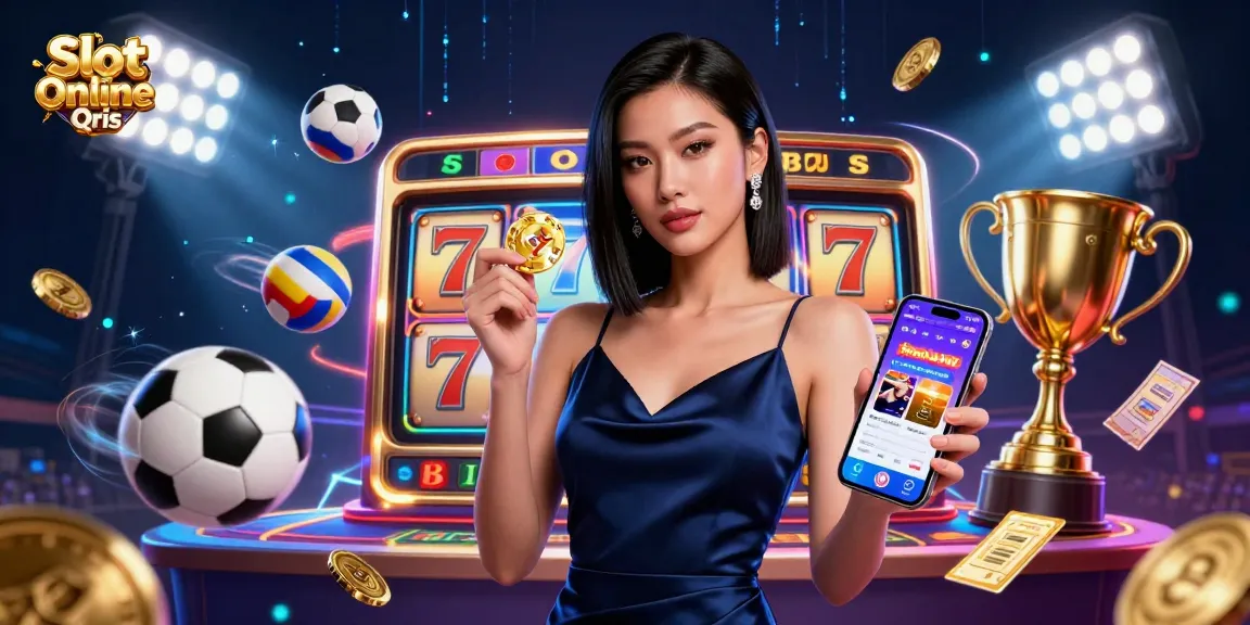 Engage with Slot Online Qris for immersive gaming, featuring stylish players and vibrant casino elements.
