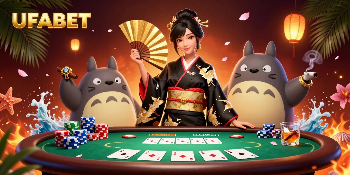 Play dynamic poker with UFABET featuring vibrant 3D illustration of an elegant woman and themed elements.