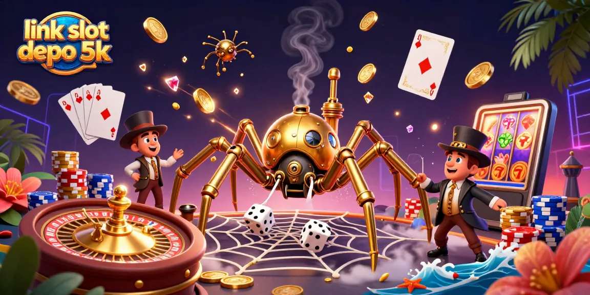 Engaging scene of link slot depo 5k with spinning reels, golden spider, and vibrant casino elements.