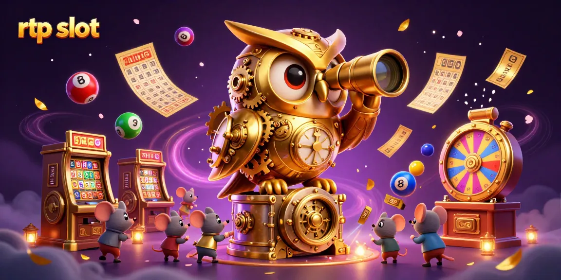 Experience RTP slot excitement with a golden owl and vibrant lottery elements.