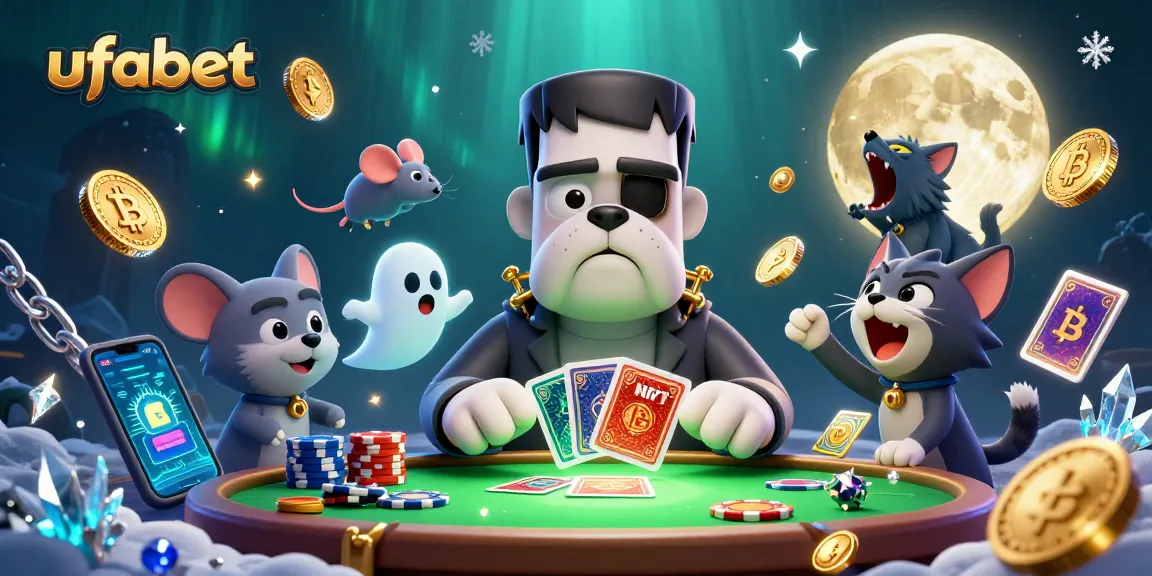 Engage with ufabet's lively casino atmosphere through a thrilling 3D illustration of a monstrous dealer, showcasing vibrant crypto elements and captivating game dynamics.