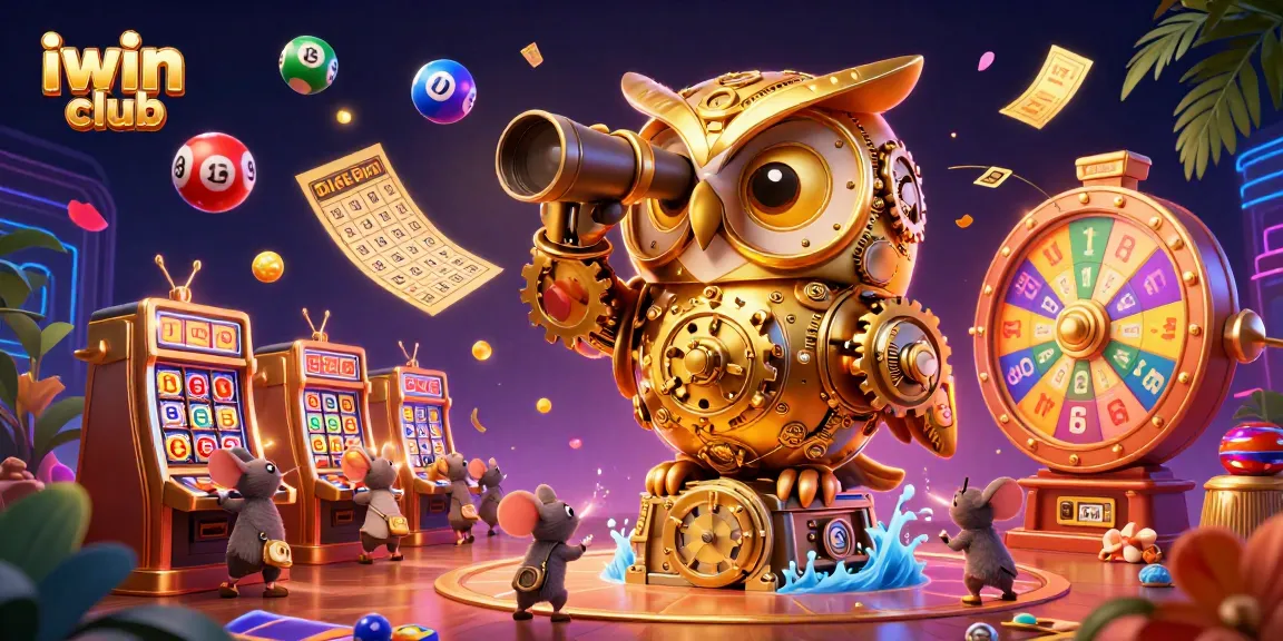 Engage with iwin club's dynamic casino experience through an illustration featuring a golden owl and exciting game elements.
