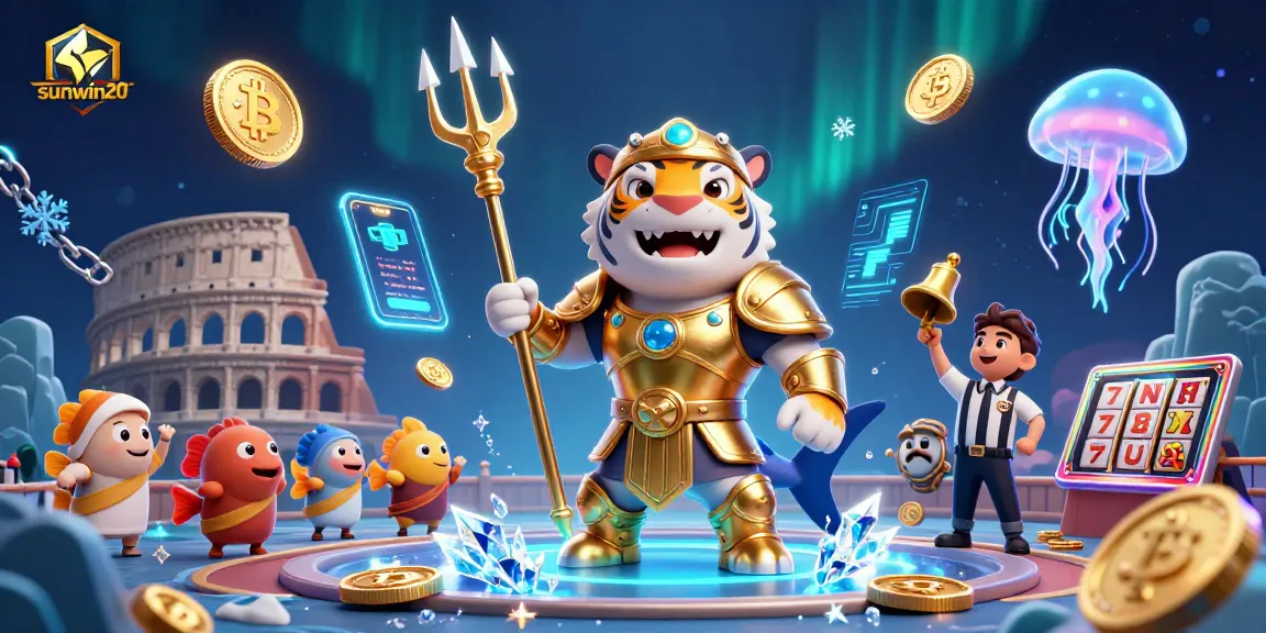 Experience thrilling action at sunwin20 with an underwater casino scene featuring a tiger shark and exciting slots.