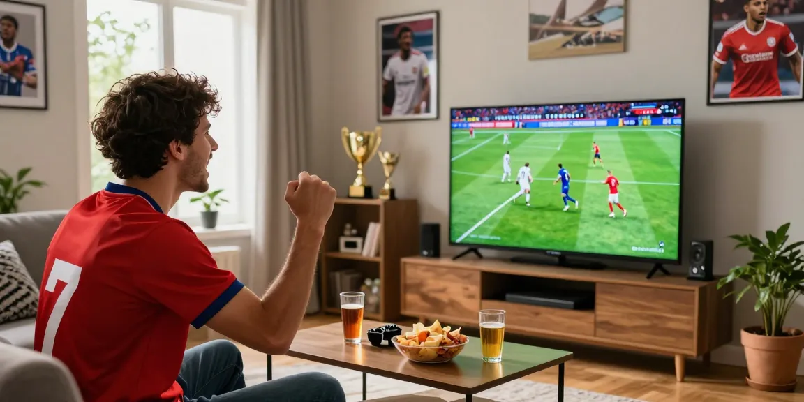 Fan enjoying koora tv live football match in cozy living room
