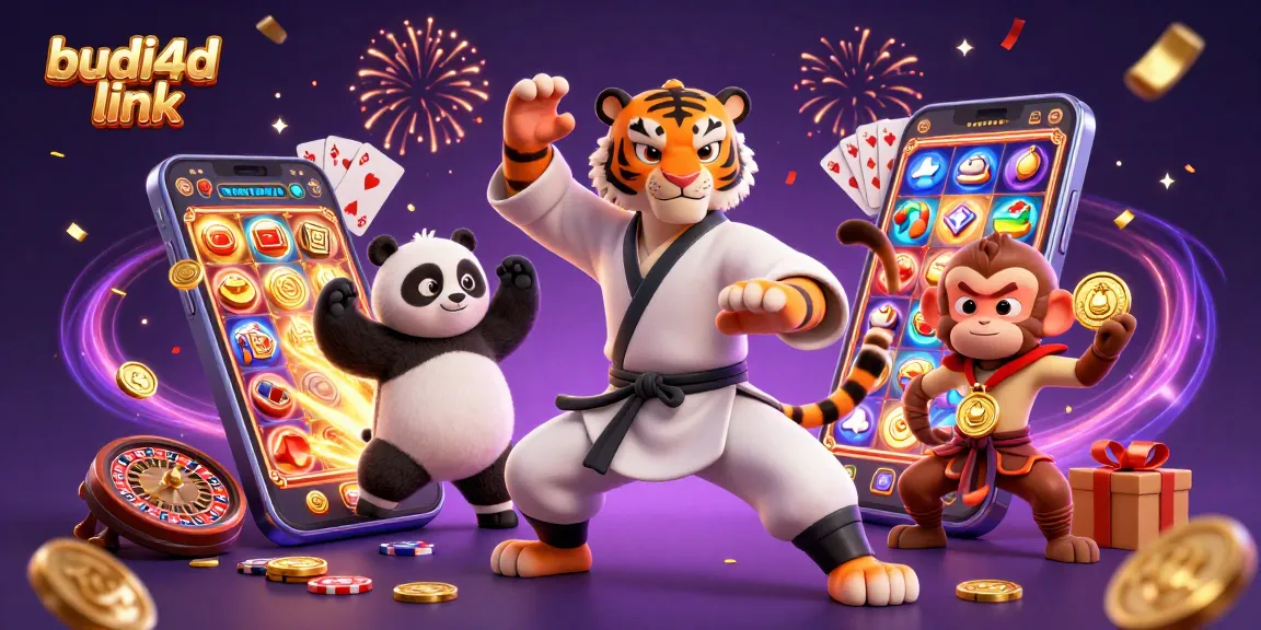 Experience excitement at Budi4D link with a tiger master surrounded by vibrant casino elements.
