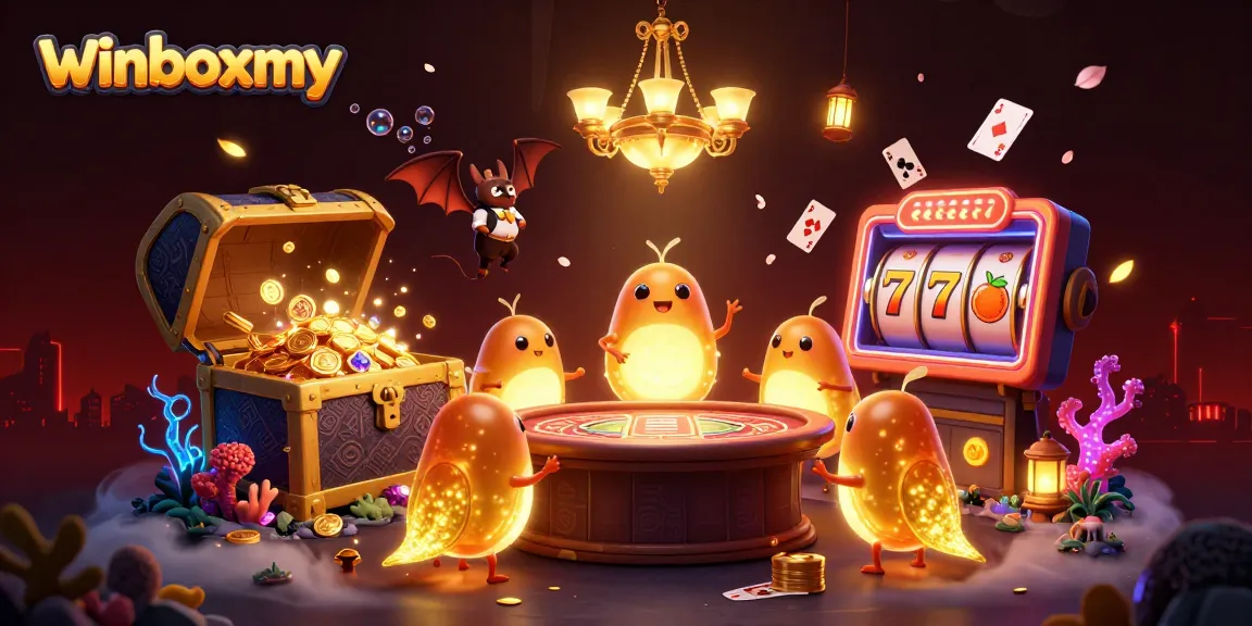 Join exciting games at winboxmy with a vibrant casino scene featuring glowworms and thrilling slot reels.