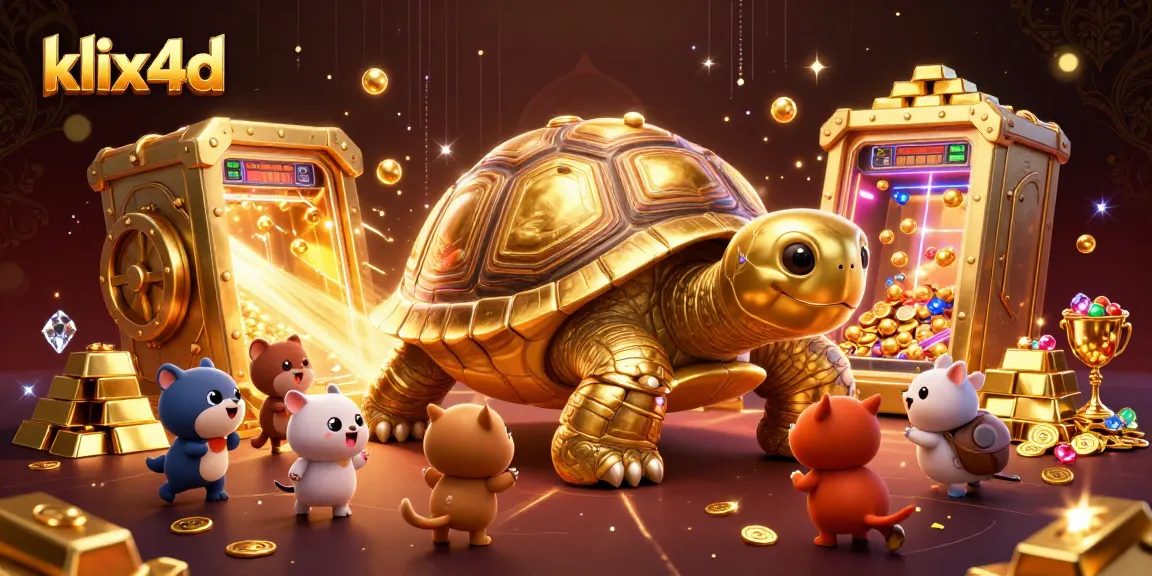Permainan togel klix4d menampilkan kura-kura emas raksasa dengan pinball yang bersinar dan karakter hewan kecil antusias menunggu untuk bermain.