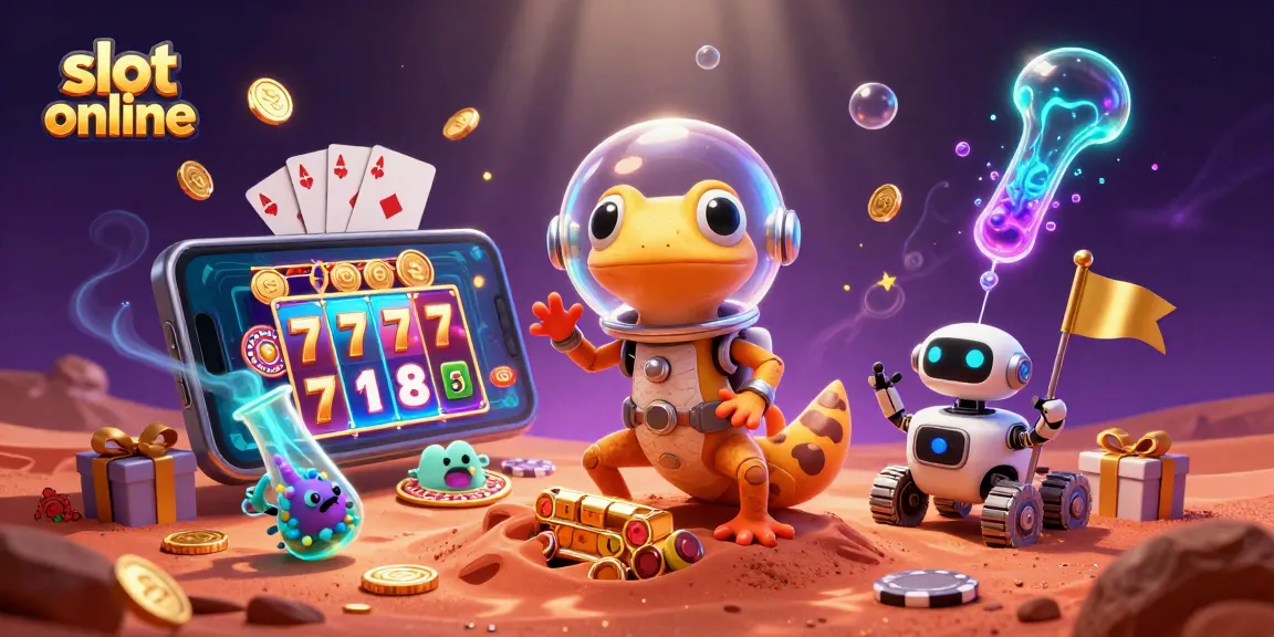 Slot online menggambarkan gecko Martian menemukan kasino emas di Mars dengan elemen permainan menarik.