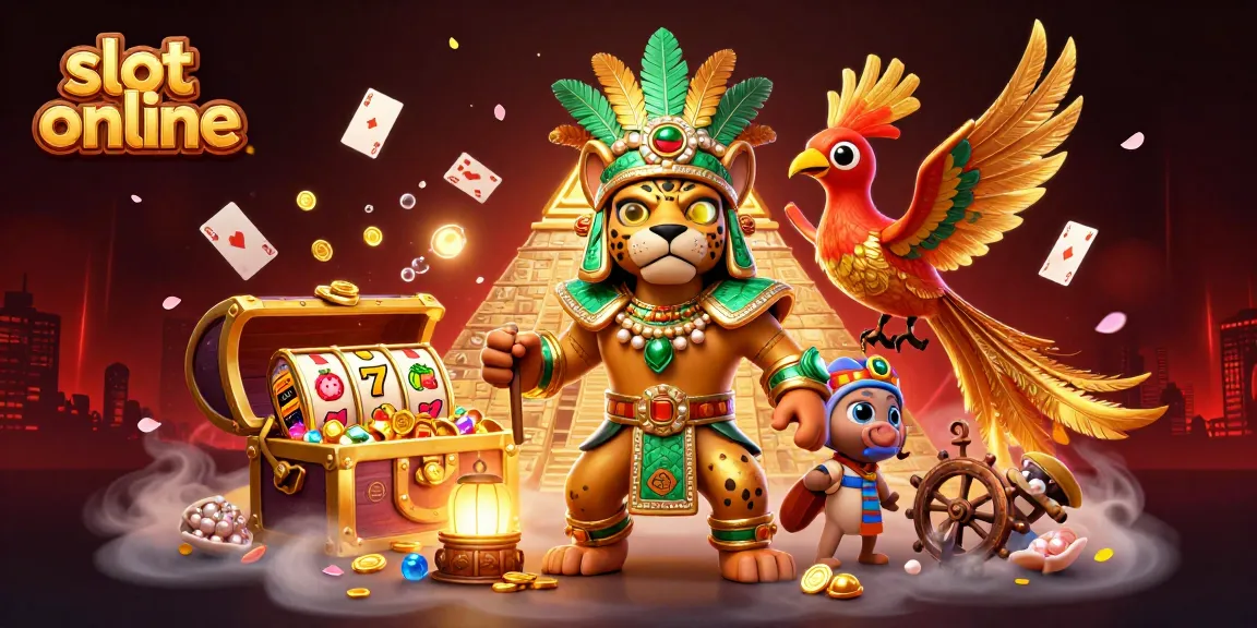 Slot online dengan karakter 3D unik dan elemen permainan kasino yang menarik di latar belakang cerah.