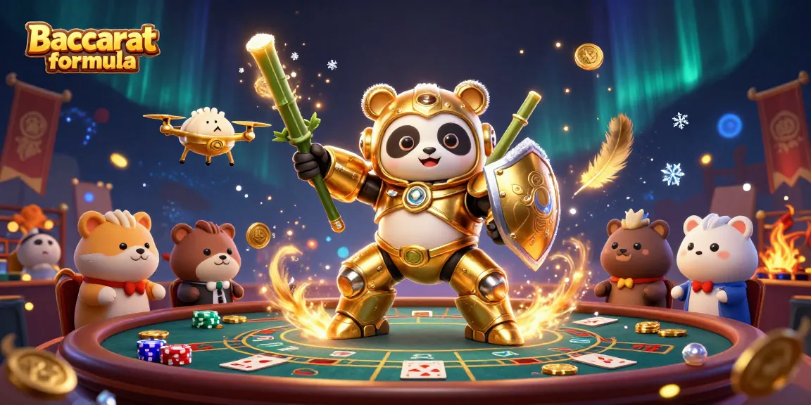 Engage with the Baccarat formula through a dynamic casino scene featuring a mech-suit golden panda amid cheering spectators.