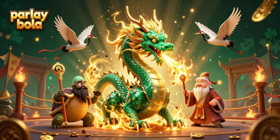 Engage in parlay bola betting as a dragon breathes fire amidst gold coins and dynamic game elements.