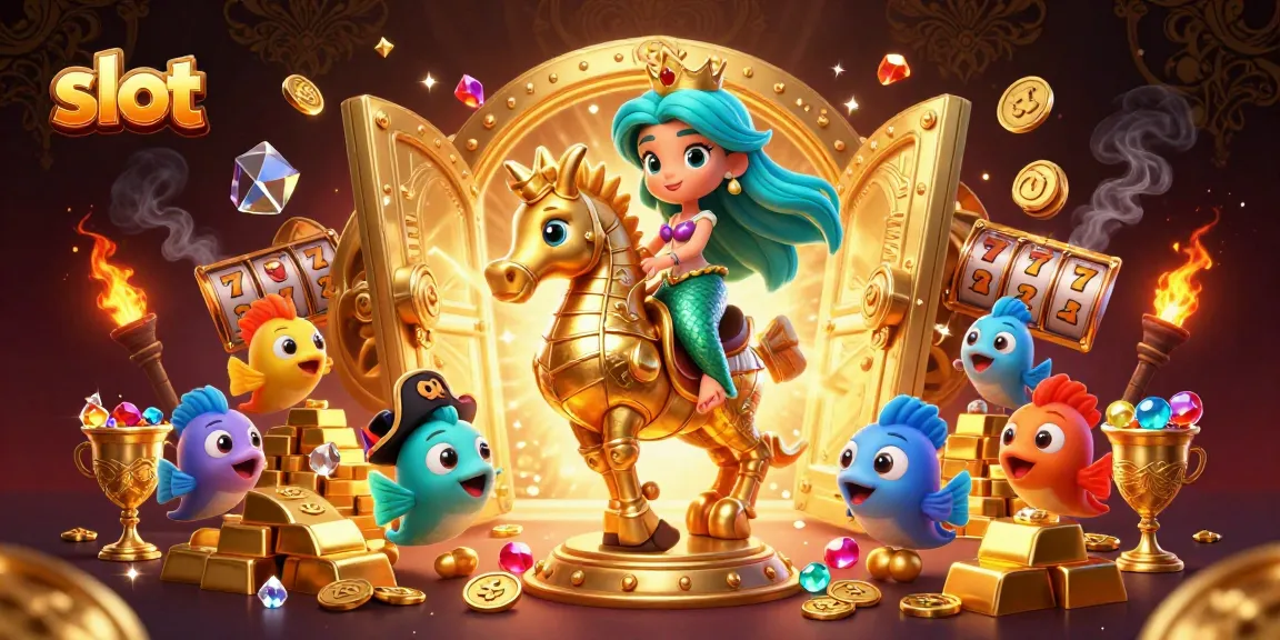 Experience thrilling slots action with a cartoon mermaid and seahorse surrounded by treasures.