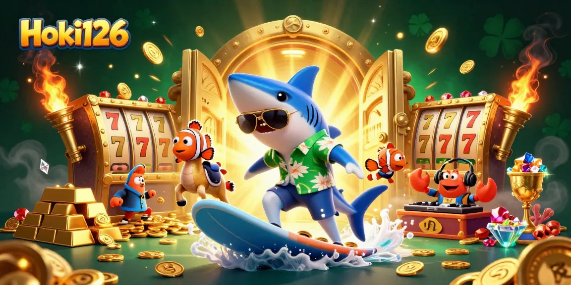 Experience Hoki126 thrill with vibrant slot-themed characters and gold treasures illustrating casino excitement.