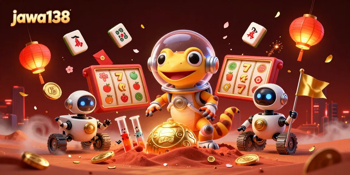 Engage with jawa138's vibrant 3D casino scene showcasing a Martian gecko and dynamic gaming elements.