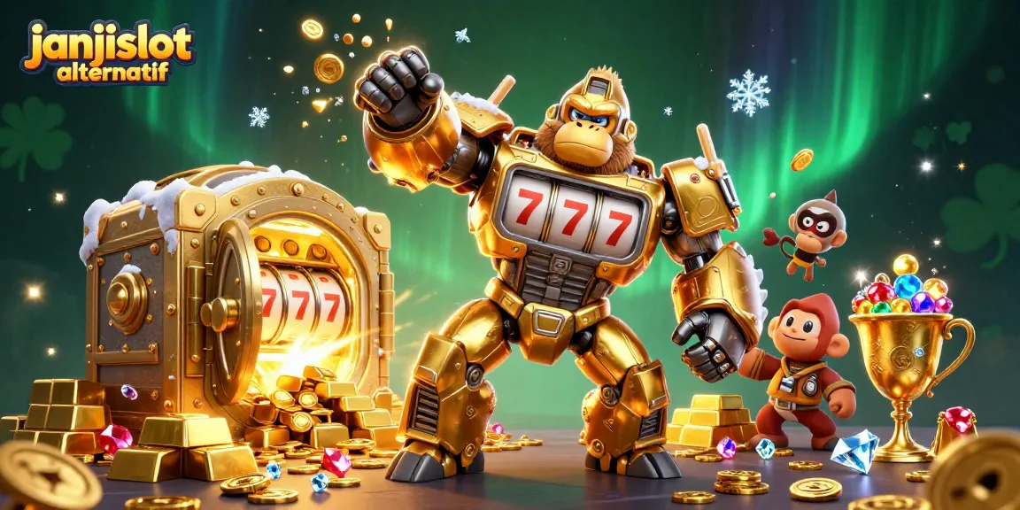 Engage with janjislot alternatif as a golden gorilla mech bursts into action amidst treasure and jackpots.