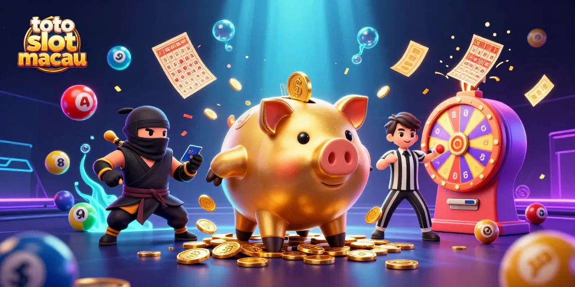Experience thrilling action in toto slot macau with a dynamic, festive illustration of a piggy bank wrestler.