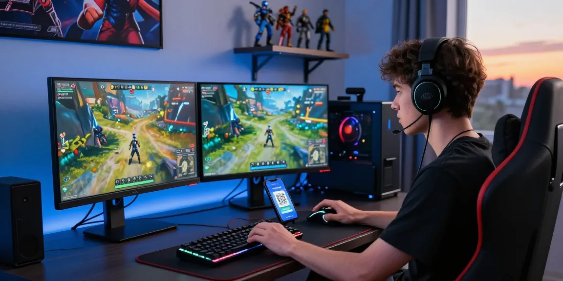 Topup akun game di NAGA2000 menggunakan QRIS gratis biaya admin setiap hari, gamer menggunakan perangkat modern.