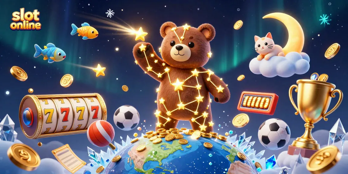Engage with slot online featuring a constellation bear scooping coins while sports balls and jackpot elements surround in 3D.