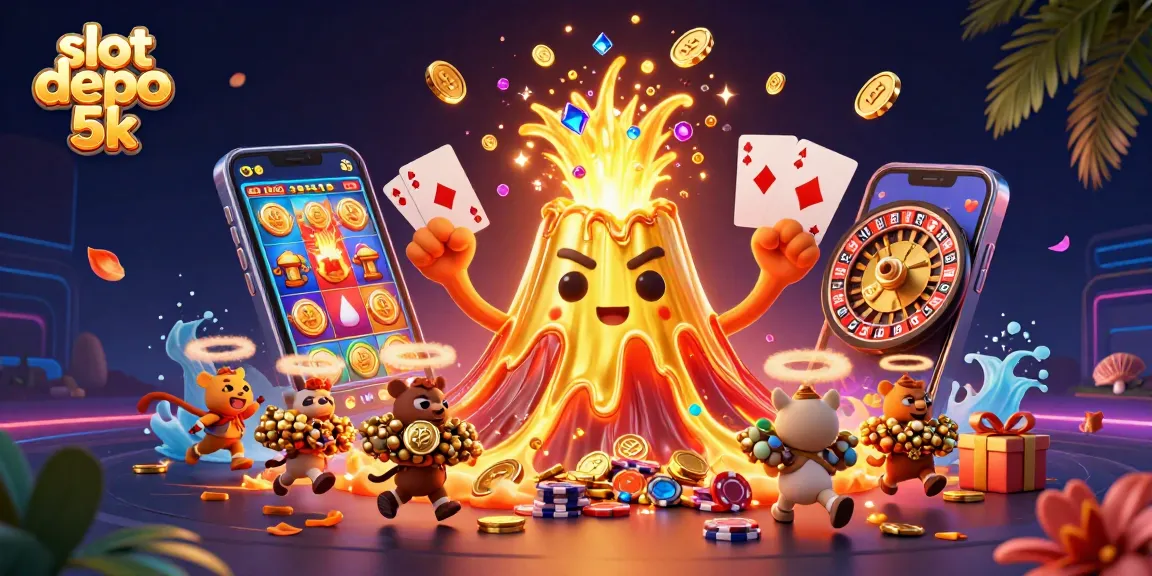 Spin to win with slot depo 5k; triumphant volcano unleashes treasure amidst vibrant gaming elements.
