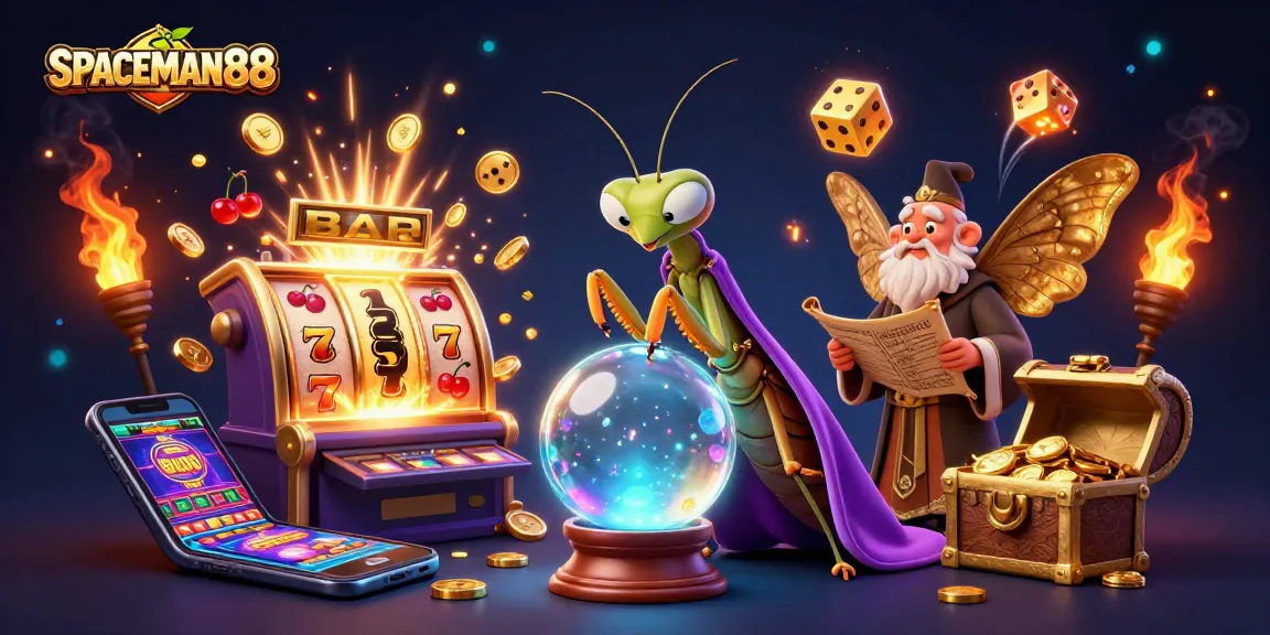 Experience the thrill of SPACEMAN88 with a vibrant 3D illustration featuring winning jackpots and exciting casino elements.