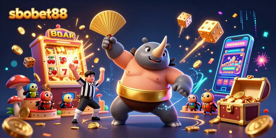 Experience sbobet88 excitement as a sumo beetle stomps to victory amid cascading coins.