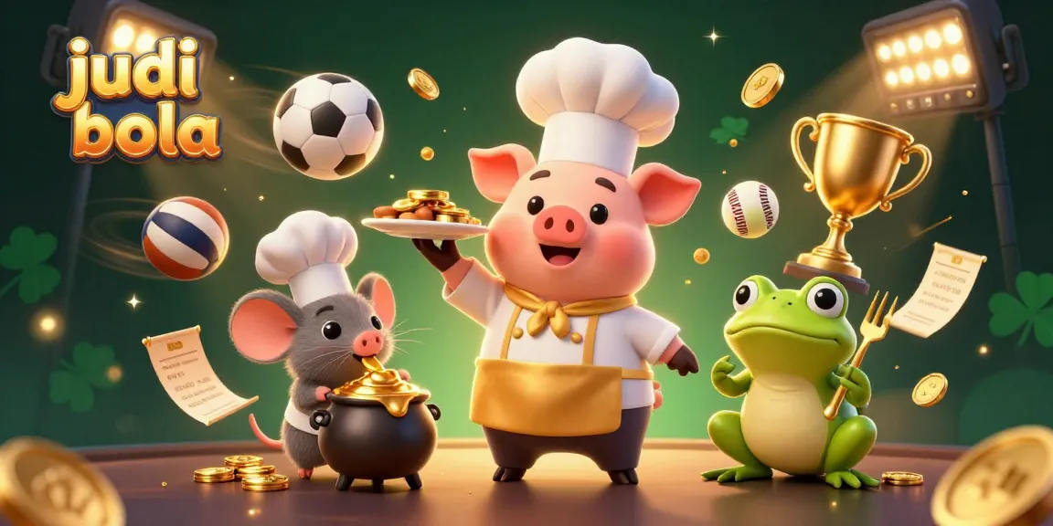 Engage in judi bola with an energetic scene depicting a chef pig, mouse, and frog, surrounded by sports elements.